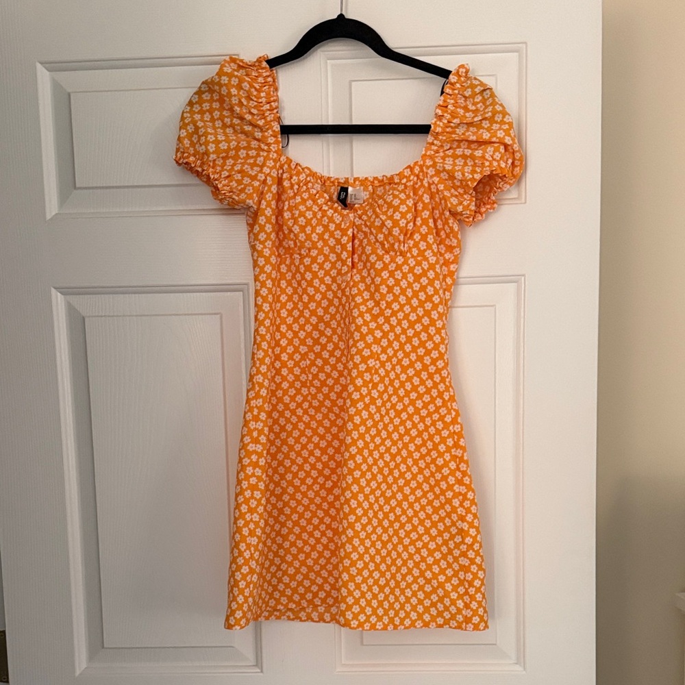 H&M Orange Floral Mini Dress with Puff Sleeves